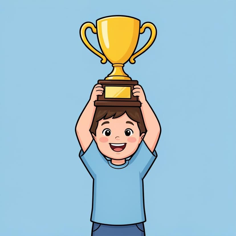A happy child holding up a gold trophy with a big smile.