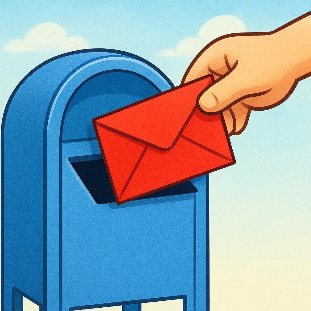 A simplified cartoon hand holding a bright red envelope and dropping it into a traditional blue postal mailbox.