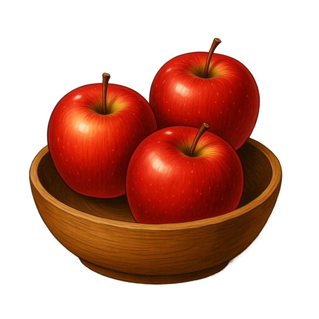 A small pile of three perfectly round, shiny red apples resting in a rustic wooden bowl.
