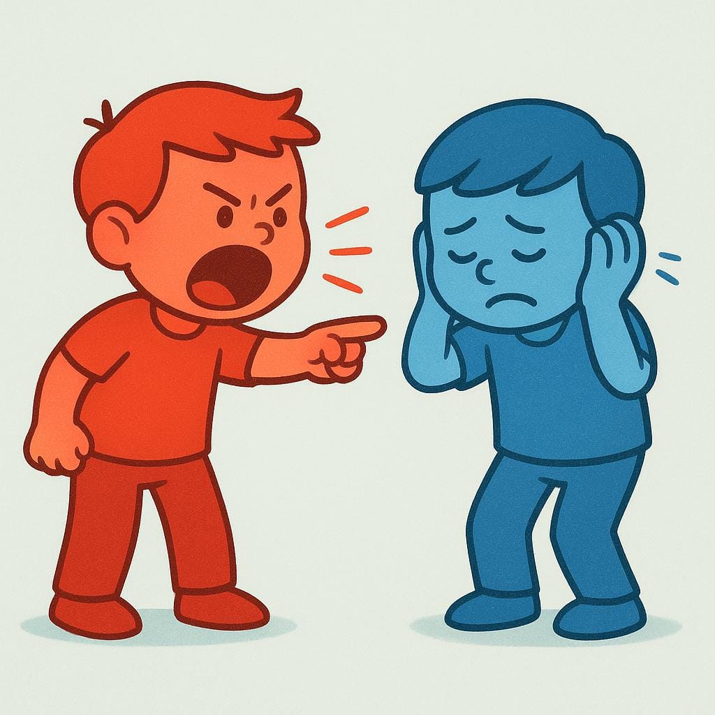 A high quality simple colorful storybook illustration showing one stylized figure pointing an accusing finger and shouting intensely at a second figure. The second figure is recoiling with a clearly hurt or upset expression, symbolizing verbal criticism.