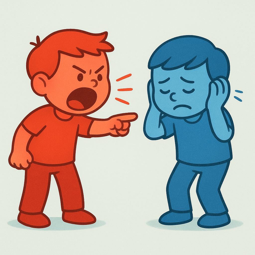 A high quality simple colorful storybook illustration showing one stylized figure pointing an accusing finger and shouting intensely at a second figure. The second figure is recoiling with a clearly hurt or upset expression, symbolizing verbal criticism.