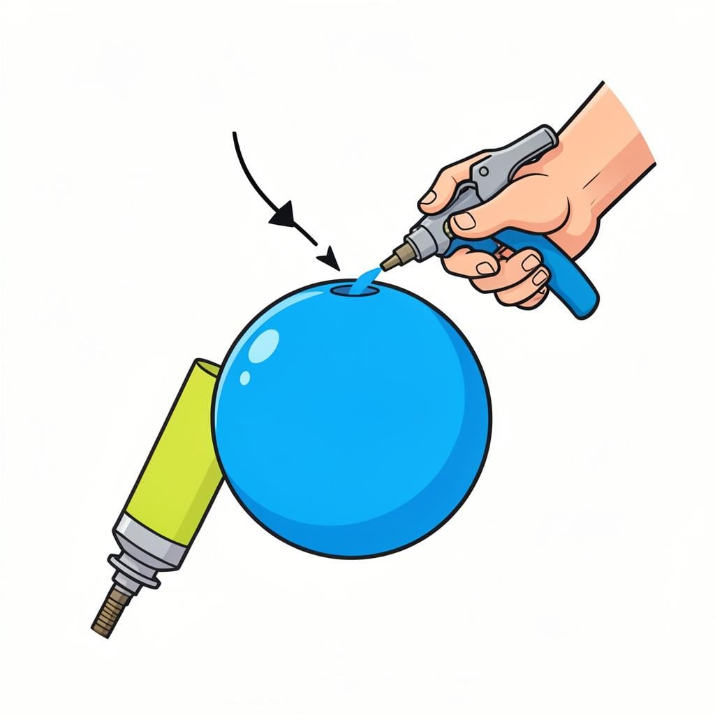 A colorful handheld air pump with a flexible hose inflating a bright ball.