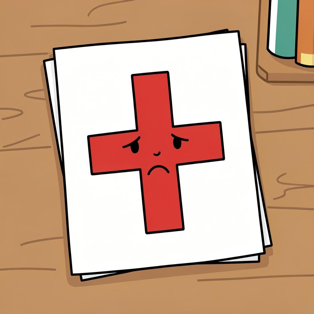 A school paper with a large red mark and a sad face, indicating a failed exam.