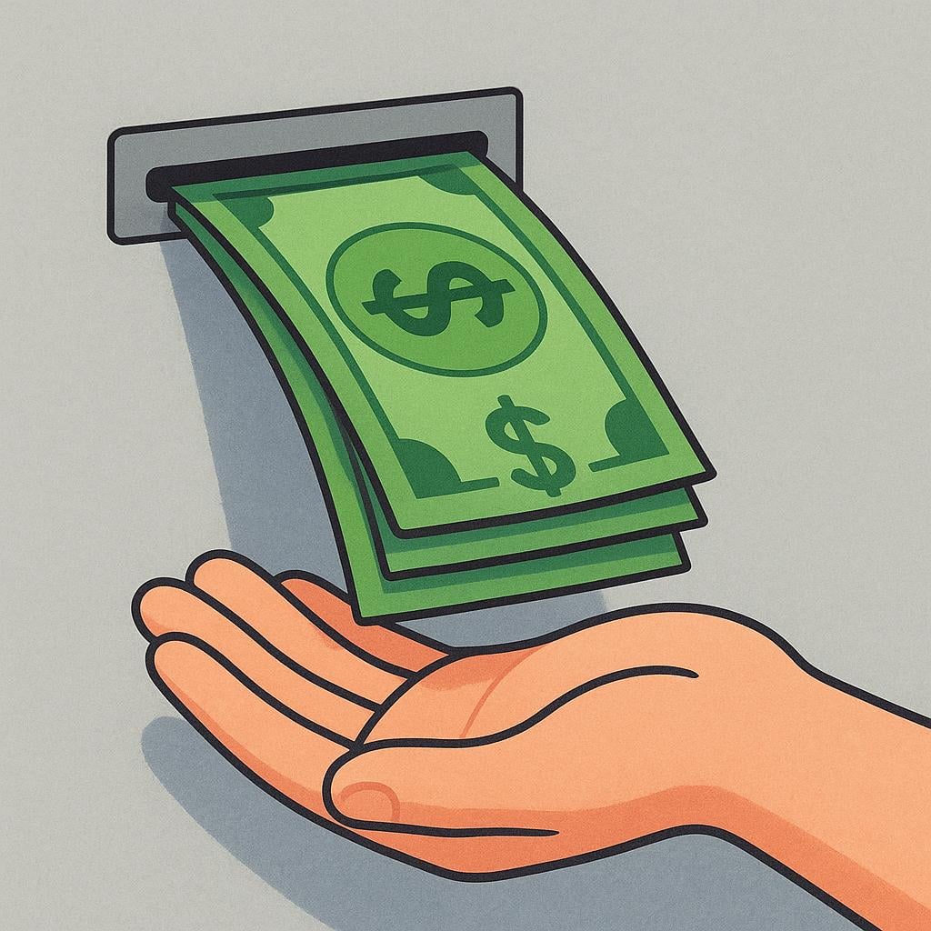 A person's hand reaching to grab a stack of green bills emerging from a slot in a simple, gray wall machine, representing an ATM withdrawal.