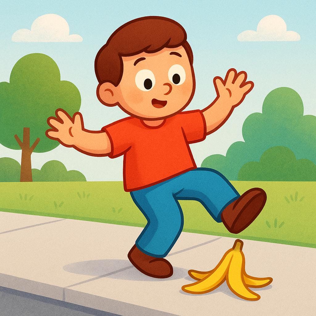 A simple cartoon illustration of a character having a minor accident, specifically slipping on a banana peel and falling onto the ground.