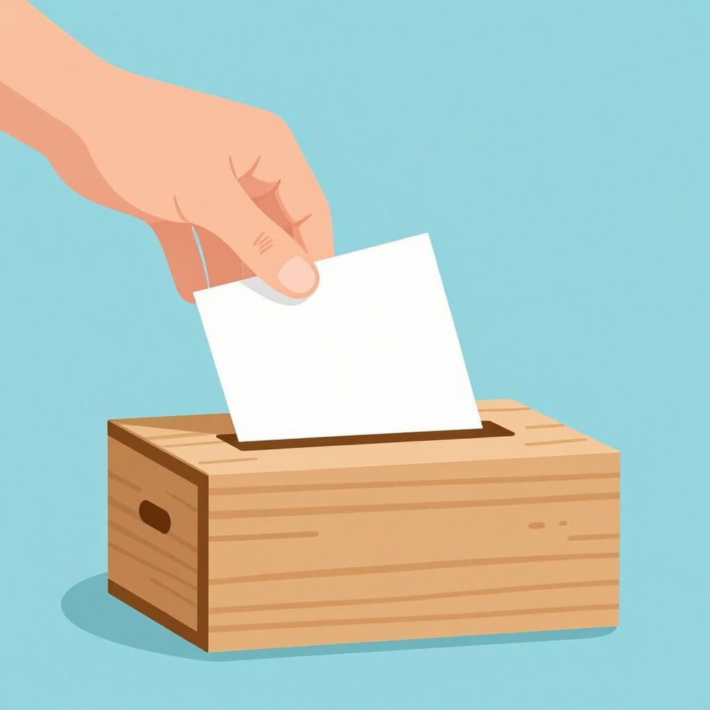A person happily dropping a folded paper into a wooden box, representing the right to vote.