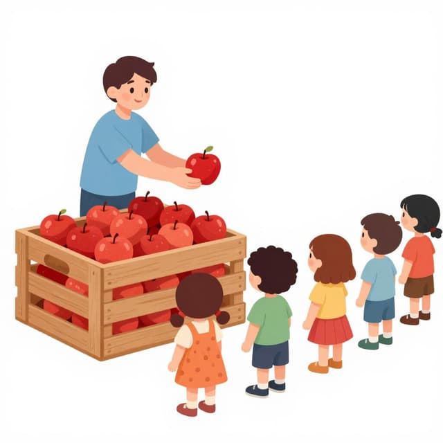 Eine freundliche Person verteilt aus einem großen Korb leuchtend rote Äpfel an eine Gruppe von Kindern.