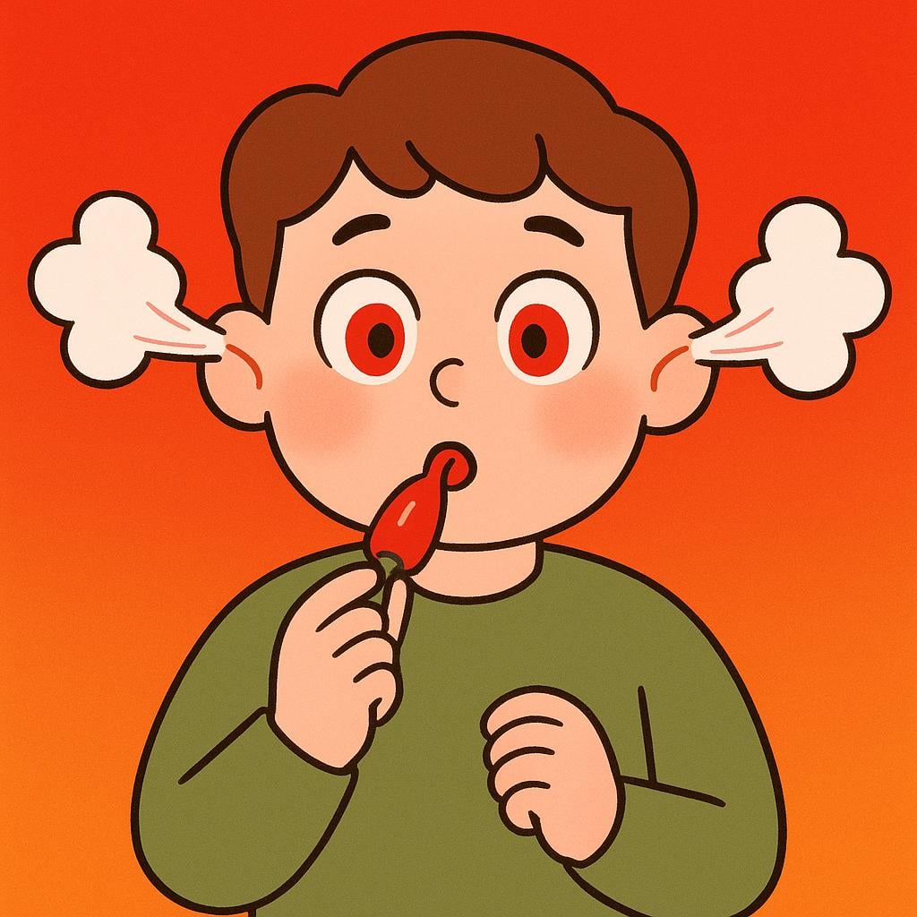 A storybook character reacting intensely to a strong flavor, shown by their red face, wide eyes, and steam rising from their head after biting a chili pepper.