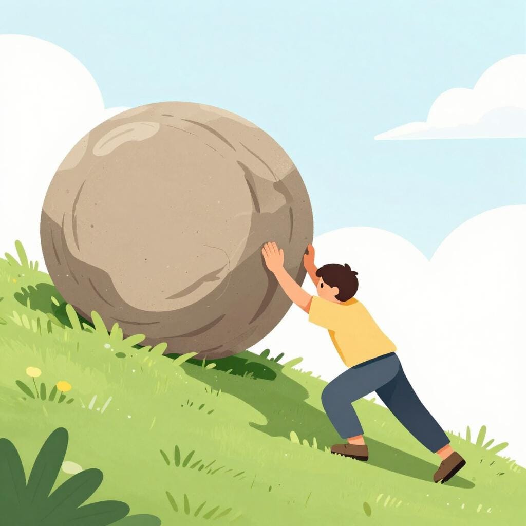 Eine Person lehnt sich nach vorne und schiebt einen sehr großen, schweren Felsbrocken einen steilen grünen Hügel hinauf.