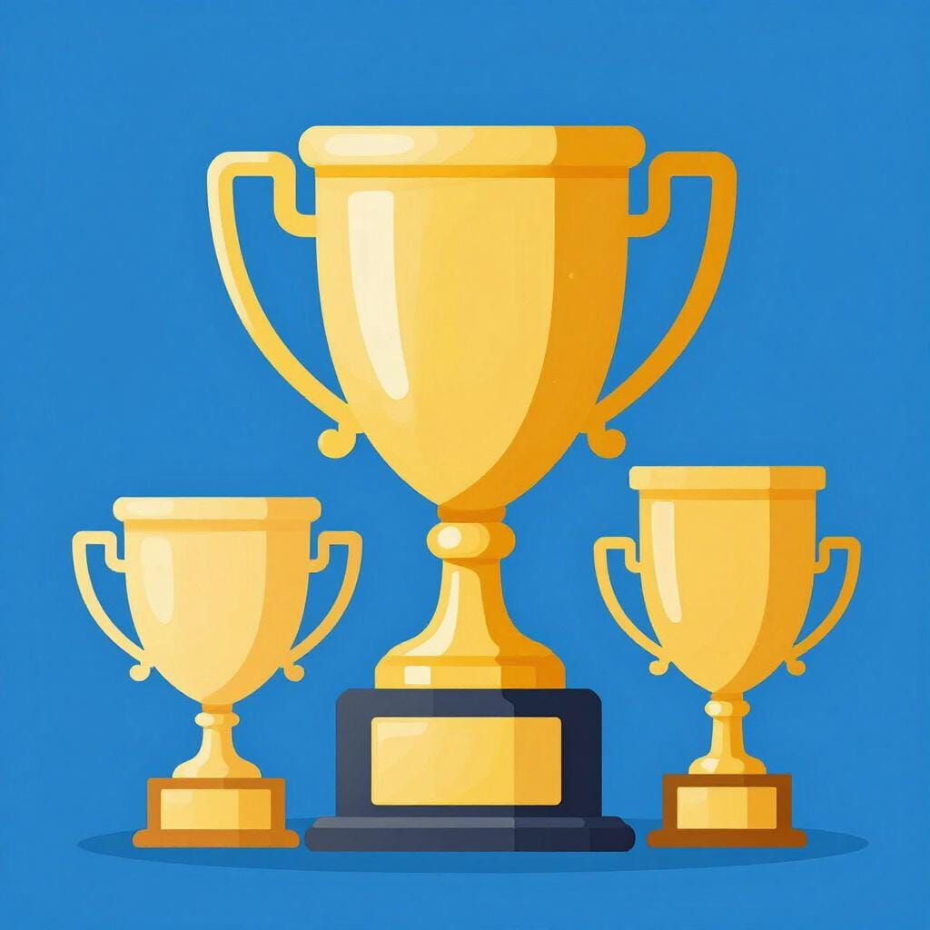 卓越性の基準となる、金色のトロフィーが銀色とブロンズの小さなトロフィーのグループの隣に高くそびえ立っている様子。