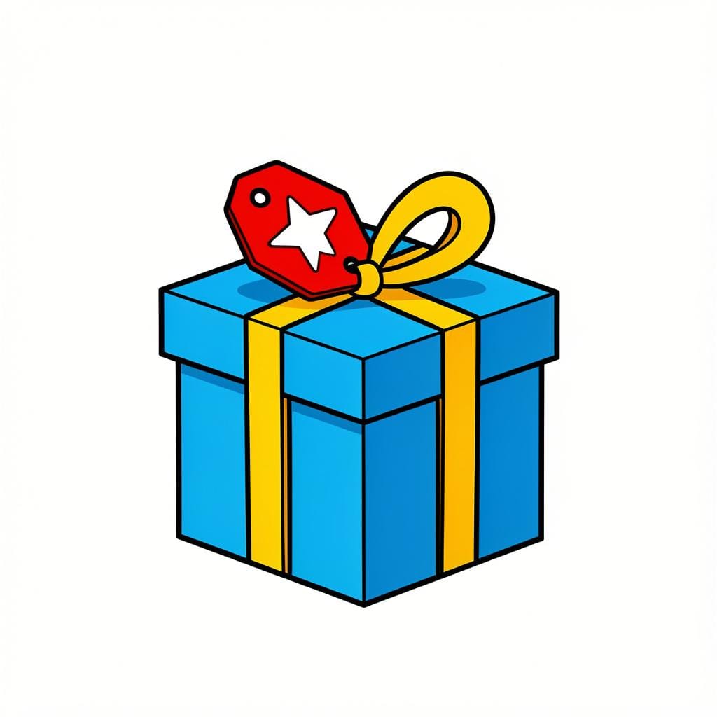 Uma etiqueta de preço vermelho vivo com uma estrela branca, pendurada em uma caixa de presente.