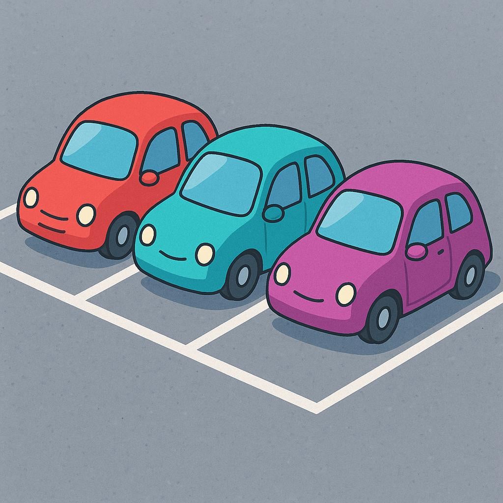 An asphalt parking lot with clearly marked white parking spaces and a few small, colorful cars parked neatly.