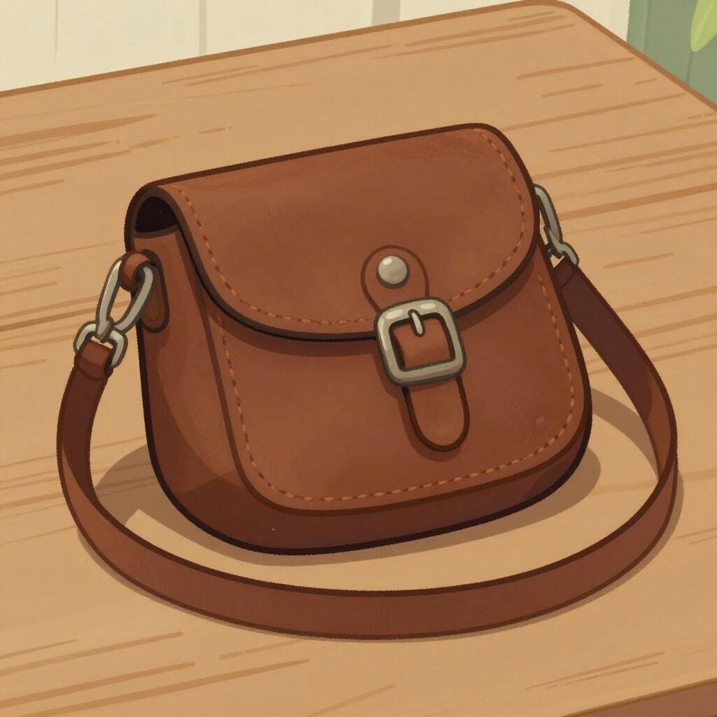 Uma bolsa de couro resistente para correspondência com alça segura e fivela.