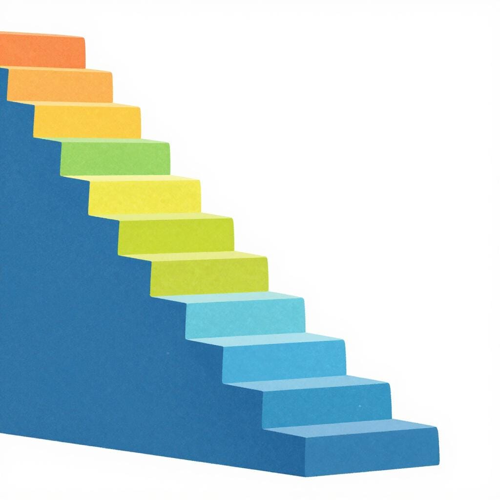 A red arrow pointing upwards, getting thicker and brighter as it rises over a series of steps.