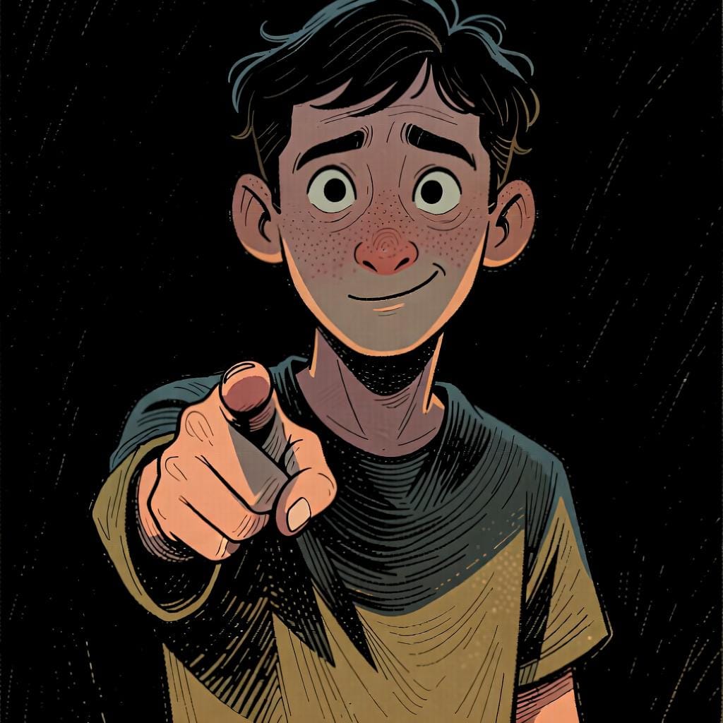 A friendly person pointing directly at the viewer with a warm smile, indicating the concept of 'you'.