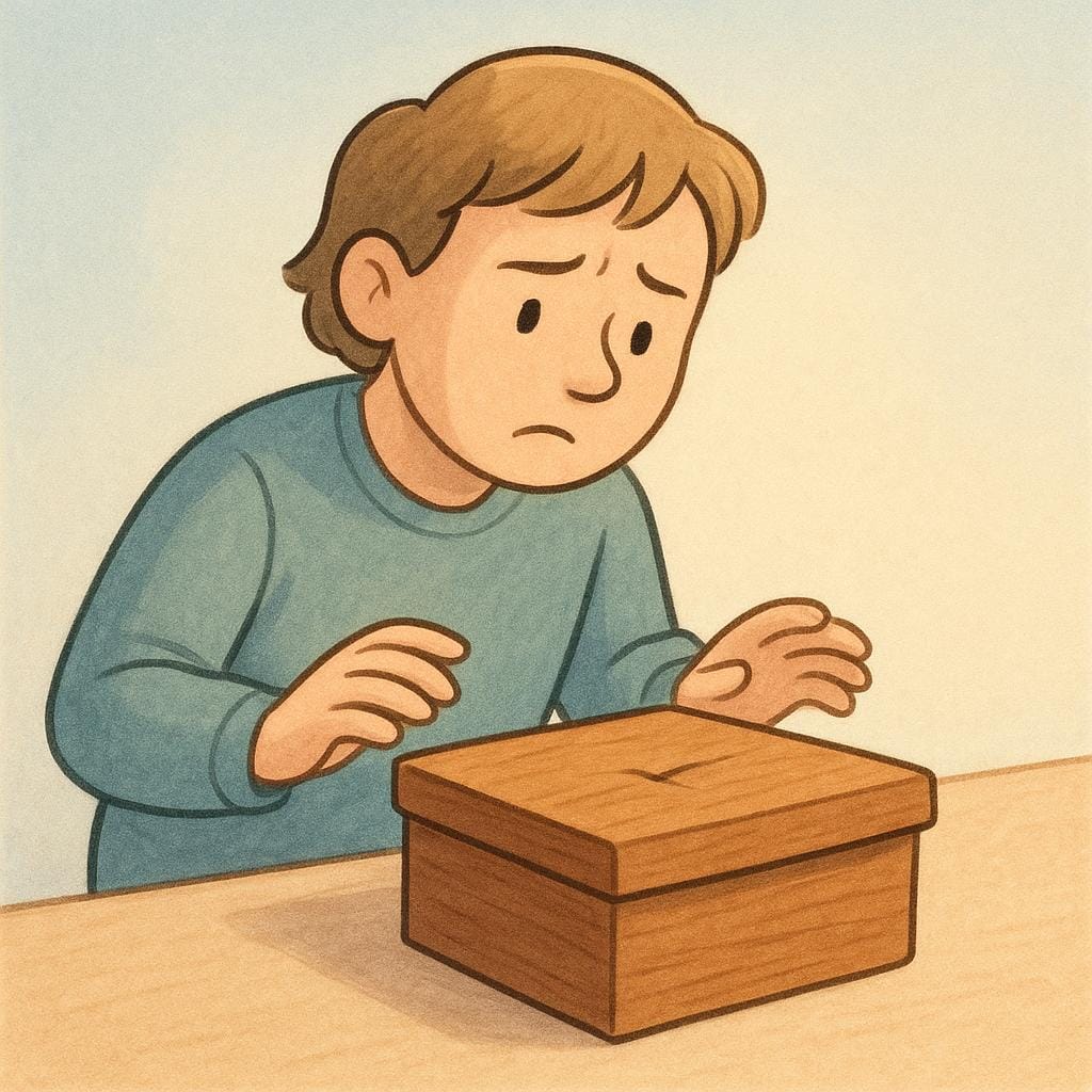 A person with a worried expression is carefully examining a closed wooden box that has a small crack, indicating suspicion about its contents.