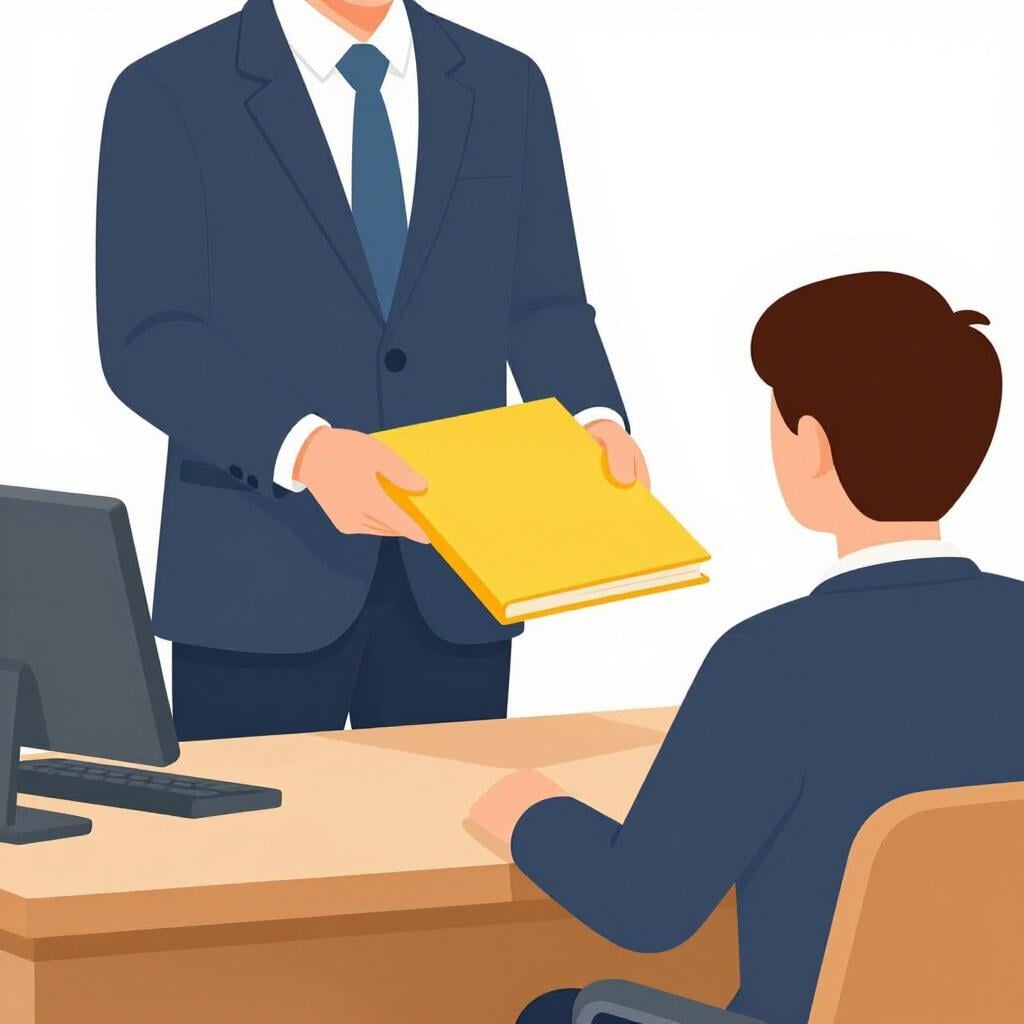 Une personne en costume remettant un dossier à un fonctionnaire derrière un bureau pour accélérer un processus.