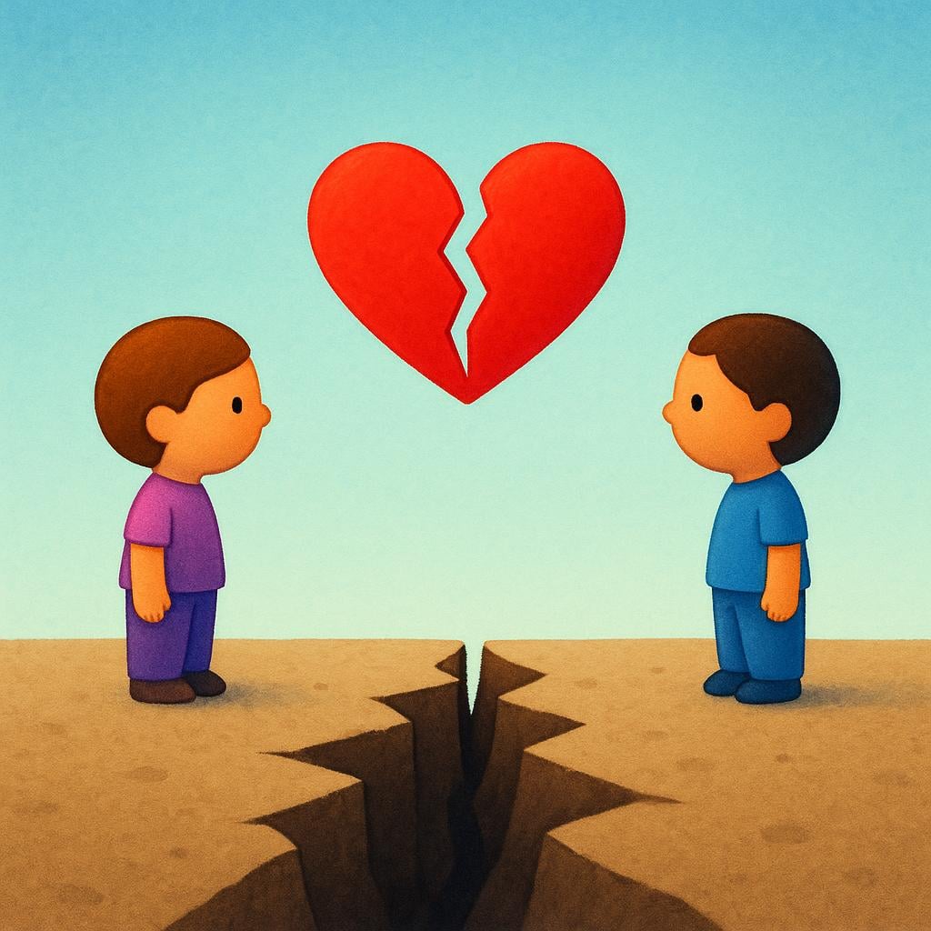 Two stylized figures standing apart, separated by a distinct break in the ground between them, symbolizing the end of a relationship.