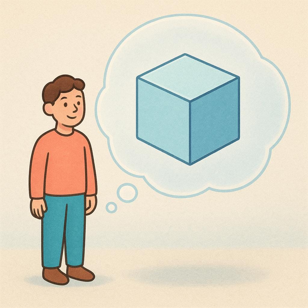 A person standing next to a large, clear thought bubble containing a perfectly formed, foundational geometric cube, symbolizing a general idea.