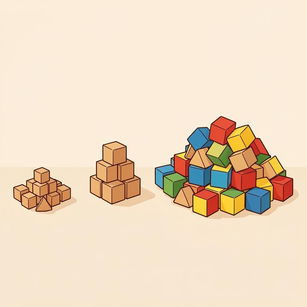 Different sized piles of colorful wooden building blocks.