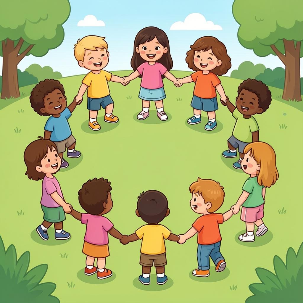 A group of diverse children in a circle, reaching out to welcome a new friend into their group.
