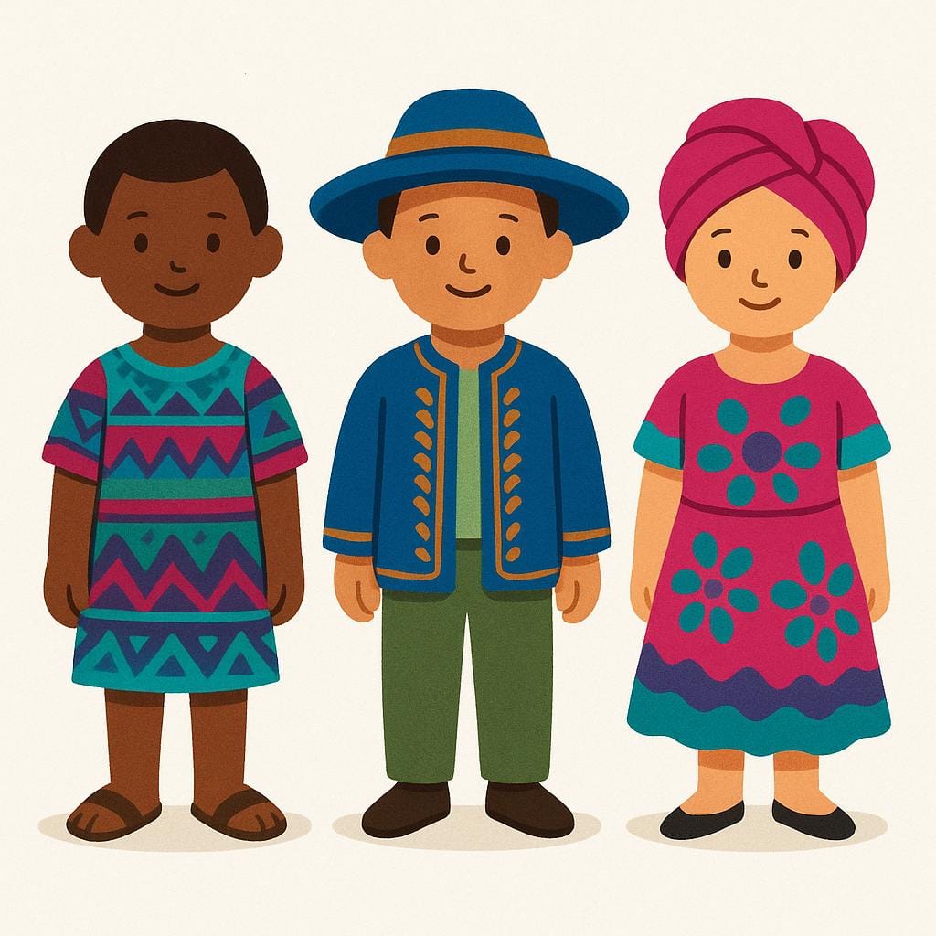 Three stylized human figures standing side-by-side, each wearing distinctive, colorful clothing representing different cultural styles, illustrating people from another country.