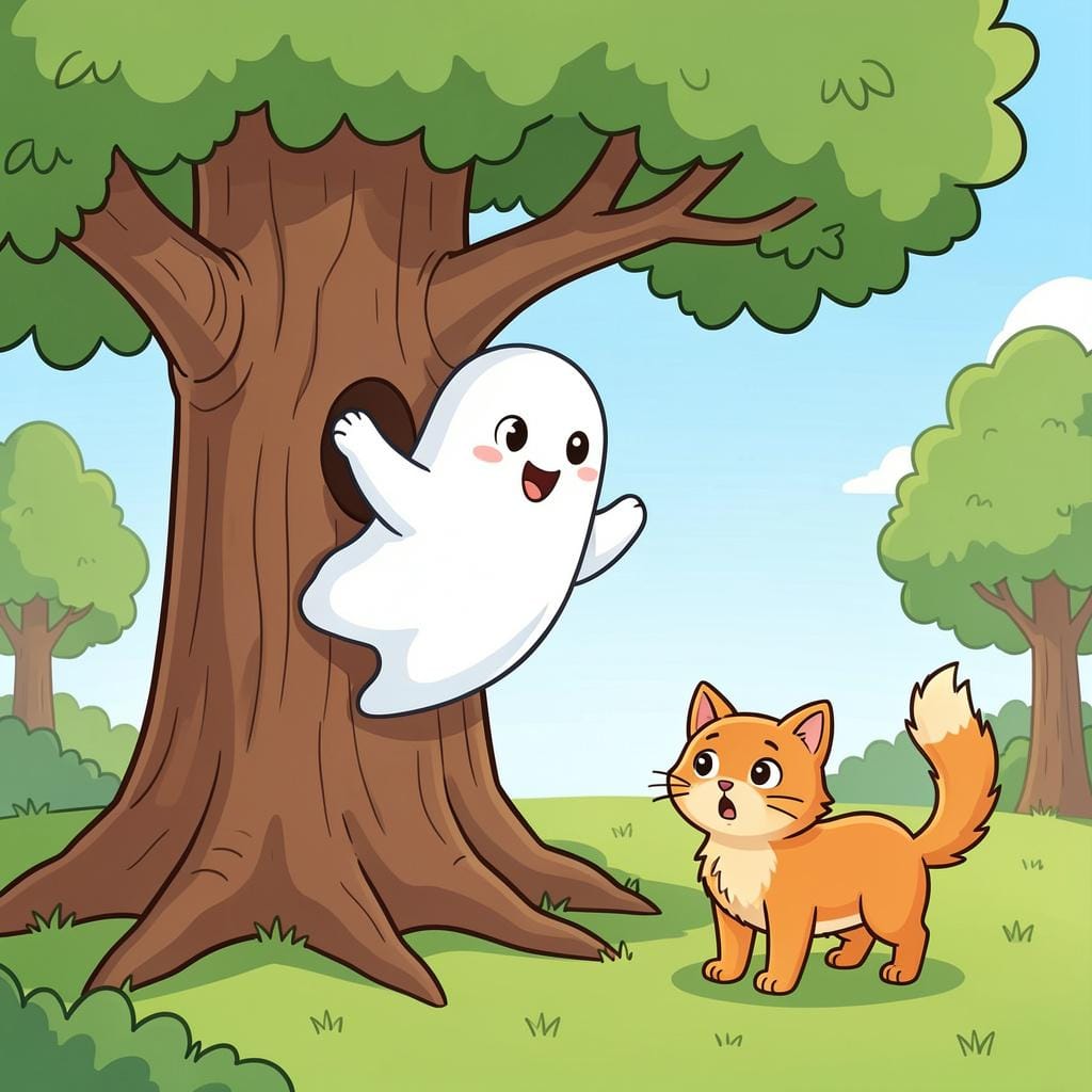 A friendly ghost popping out from behind a large tree to surprise a small, startled cat.