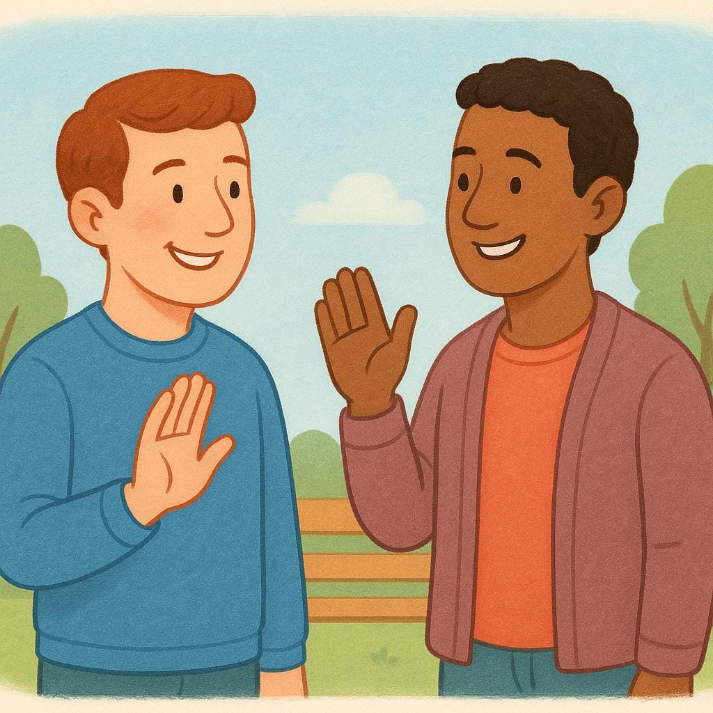 Une illustration simple, colorée et de haute qualité d'un livre d'histoires montrant deux figures masculines adultes se faisant face. Tous deux sourient chaleureusement, indiquant une connexion amicale et familière.