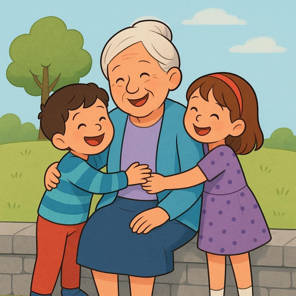할머니 할아버지가 앉아서 행복하게 웃고 있고, 남자아이와 여자아이 두 명이 다정하게 안아주는 그림.