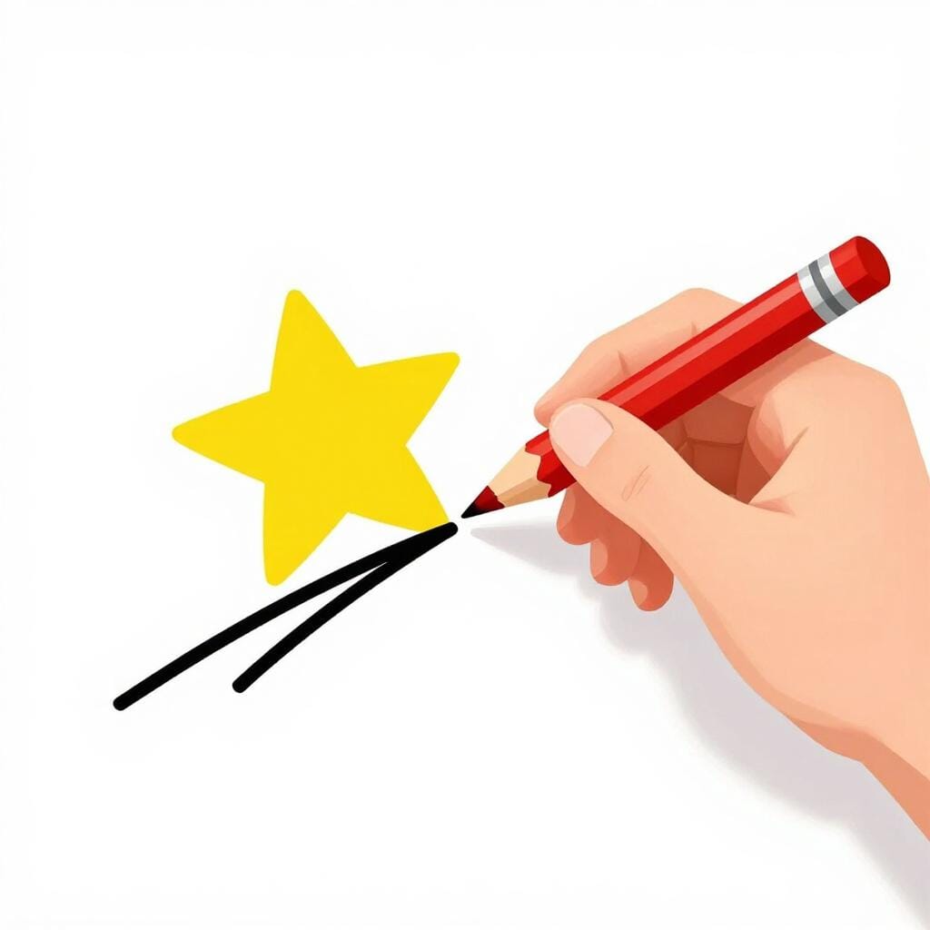 A hand using a bright red pencil to draw a neat line through a messy scribble and drawing a perfect star next to it.