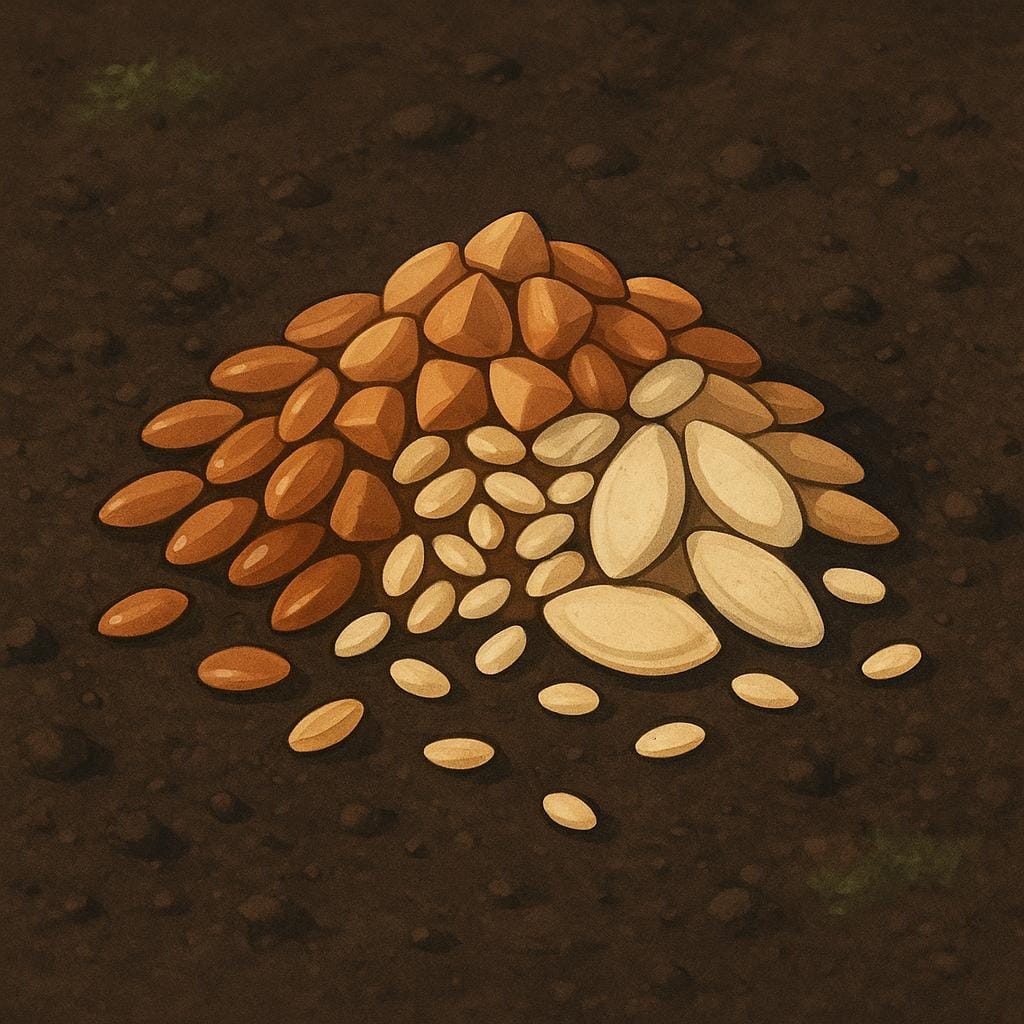 Een close-up van een kleine hoop van verschillende bruine en witte zaden genesteld op donkerbruine aarde.