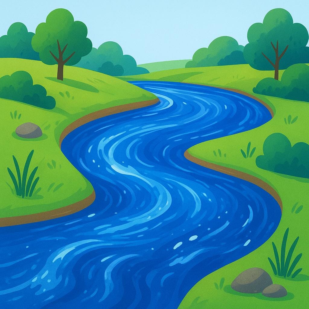 A depiction of a strong, fast-moving blue river current flowing around a bend in a natural landscape.