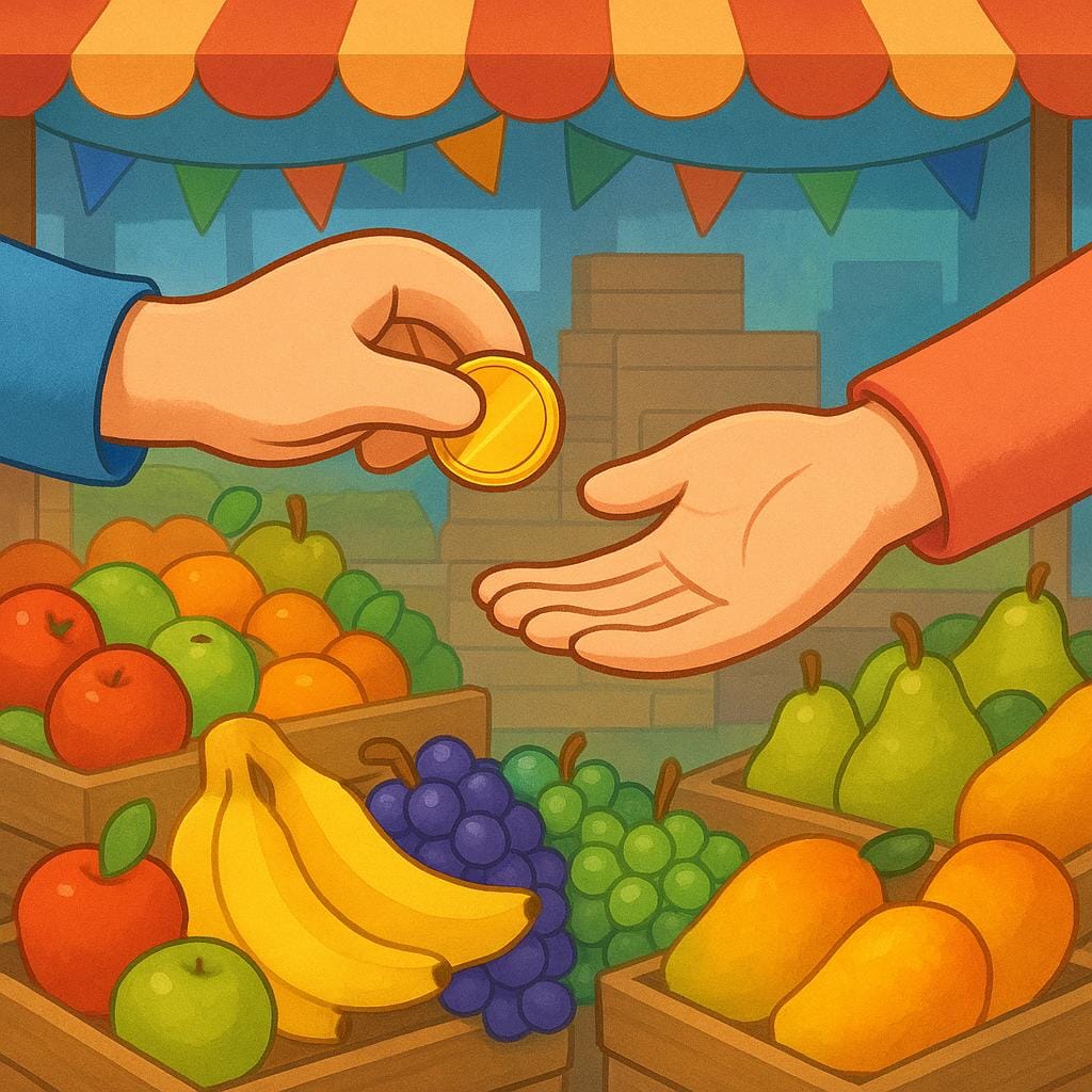 A brightly colored storybook illustration showing a transaction. A cartoon customer's hand is placing a gold coin into the open palm of a vendor's hand, signifying a purchase. Next to the hands is a large pile of fresh, colorful fruit.