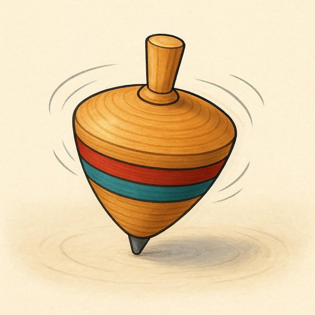 A brightly colored simple wooden spinning top rotating quickly on a flat, light-colored surface.