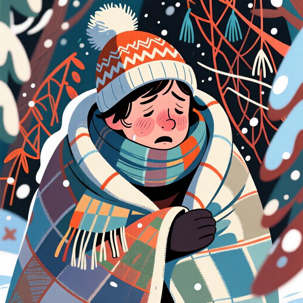 A person wrapped in a thick blanket, shivering slightly, with a thought bubble showing a thermometer, to represent 'tener frío' (to be cold).