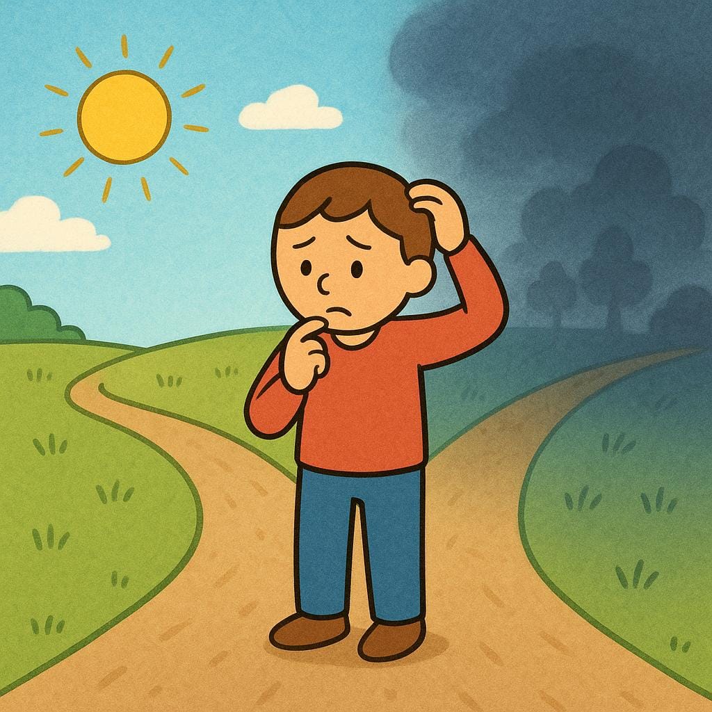 A simplified cartoon figure standing hesitantly at a fork in a dirt road, looking confused about which path to take. One path is clear, and the other leads into a patch of dark, obscuring fog.