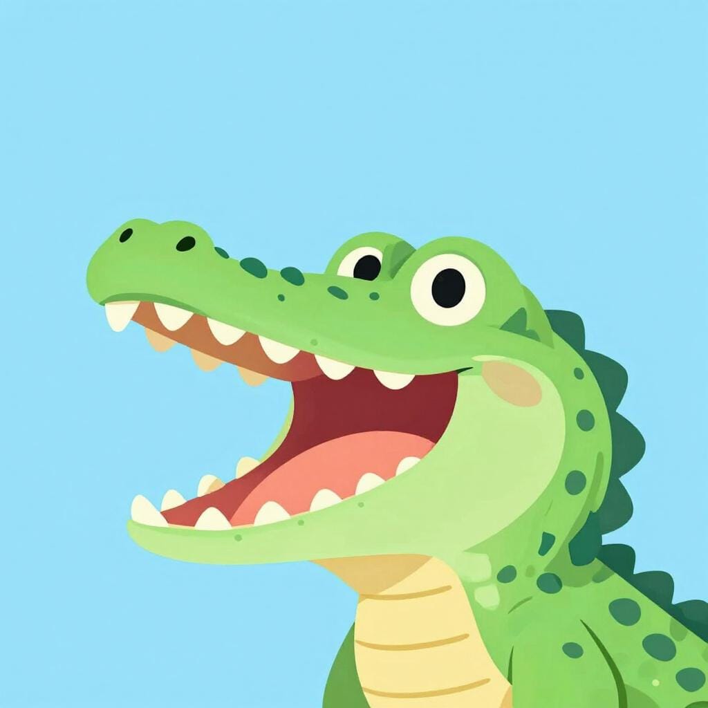 Een kleurrijke illustratie van een vriendelijke krokodil met zijn bek wijd open, die zijn sterke onderkaak toont.