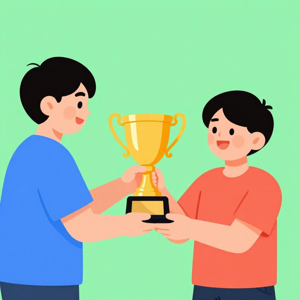 A person standing on a stage being handed a golden trophy by another person.