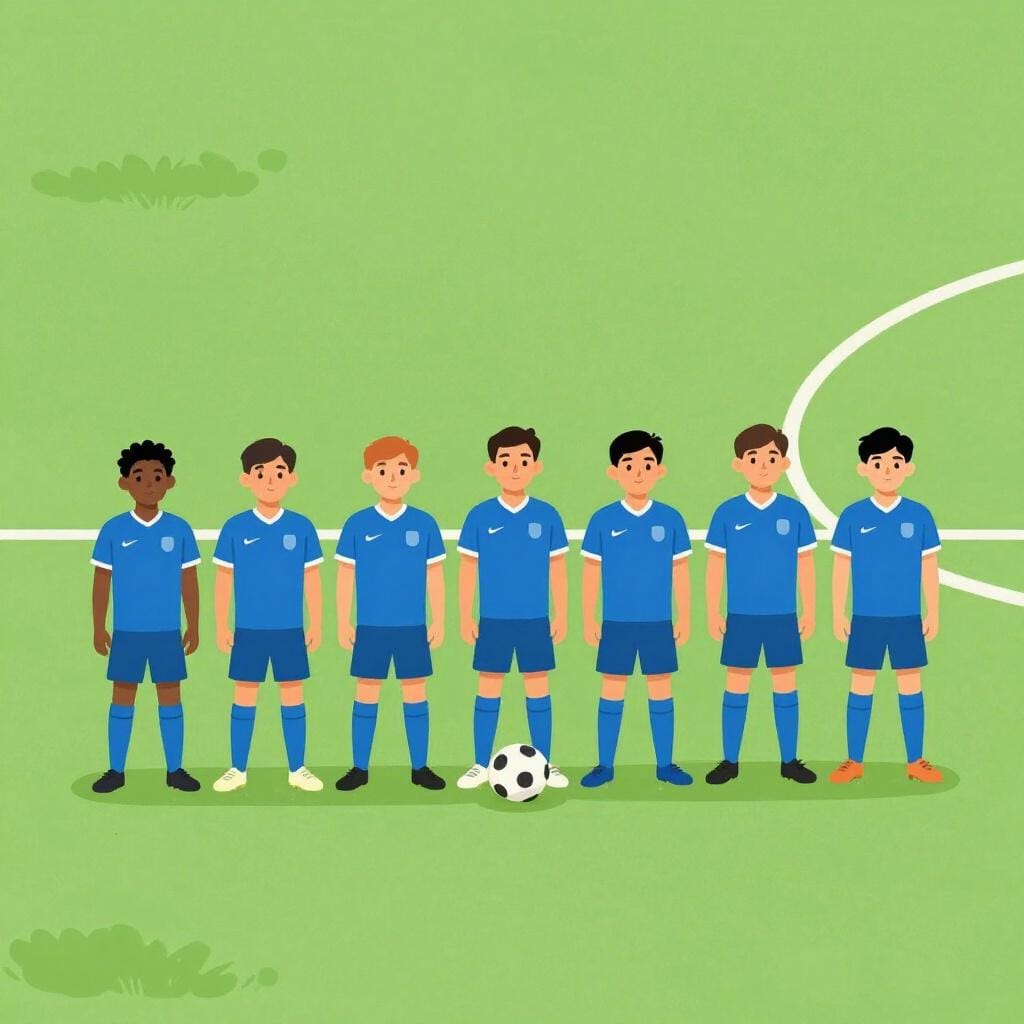 Una fila di diversi giocatori di calcio in uniformi abbinate in piedi fianco a fianco su un campo verde.