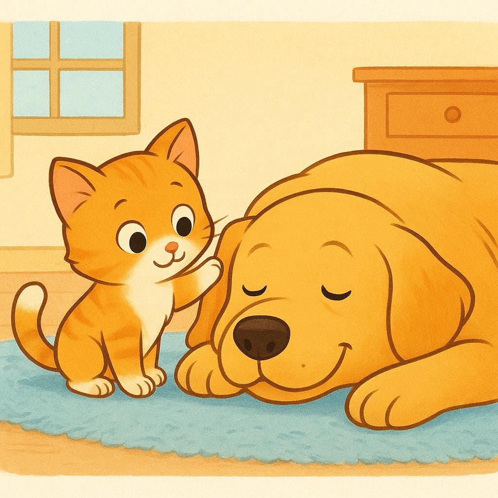 A small mischievous cat playfully batting at a sleeping dog's ear to get a reaction.