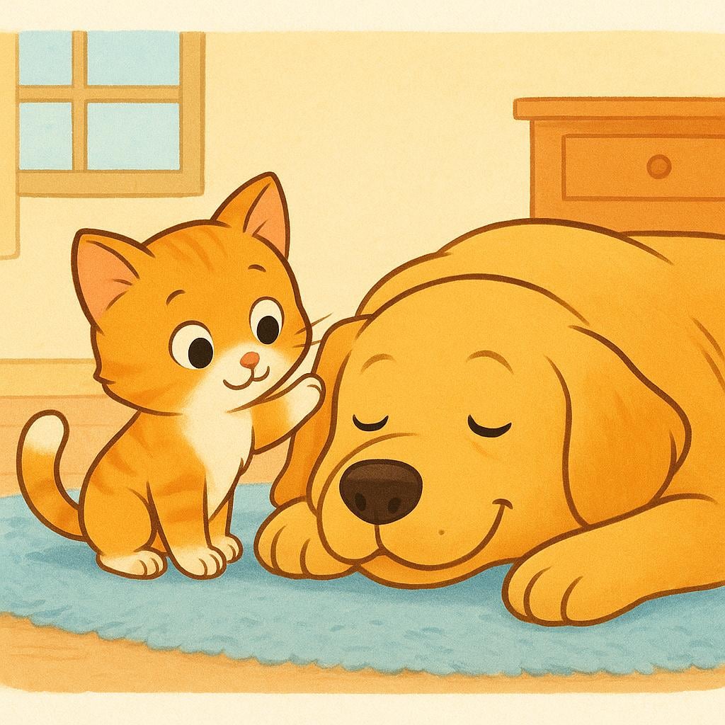 A small mischievous cat playfully batting at a sleeping dog's ear to get a reaction.