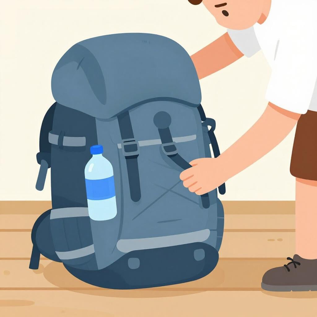 A hiker packing a heavy backpack, showing that a long journey involves preparation.
