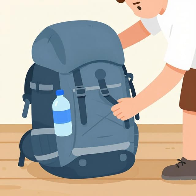 A hiker packing a heavy backpack, showing that a long journey involves preparation.
