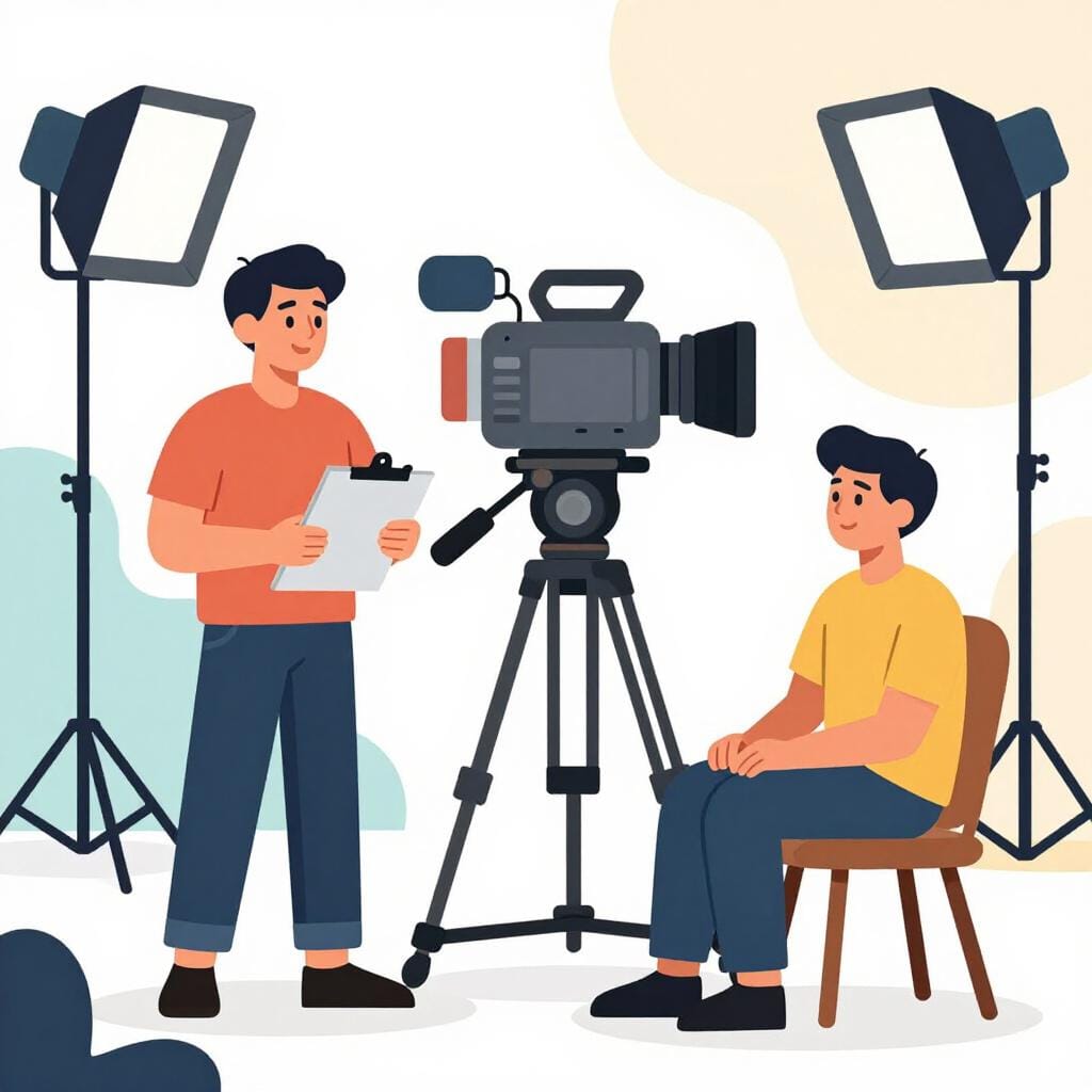 A group of people on a movie set with a camera and a director's chair.