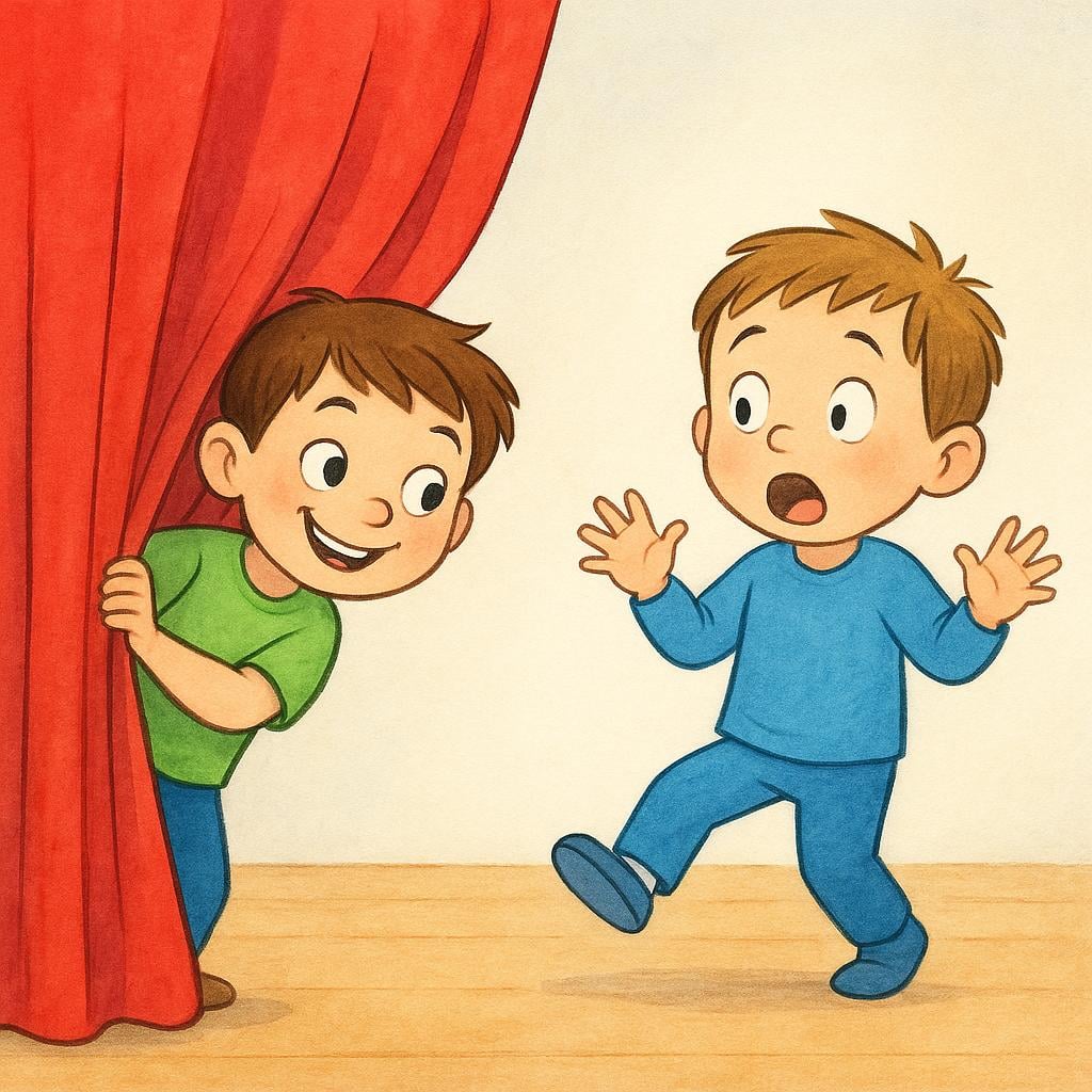 A simple storybook illustration showing one child hiding behind a brightly colored curtain, suddenly jumping out to startle a second child who reacts with wide eyes and a visible expression of fear and surprise.