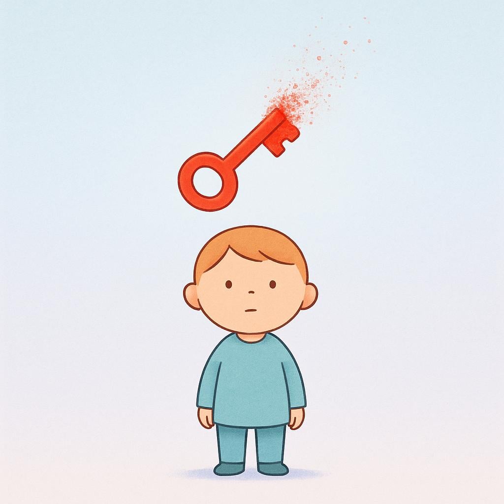 A small, simplified character (a person) stands with a confused expression. Above their head, a brightly colored object, like a red key, is visibly dissolving into thin white smoke, symbolizing a lost memory.