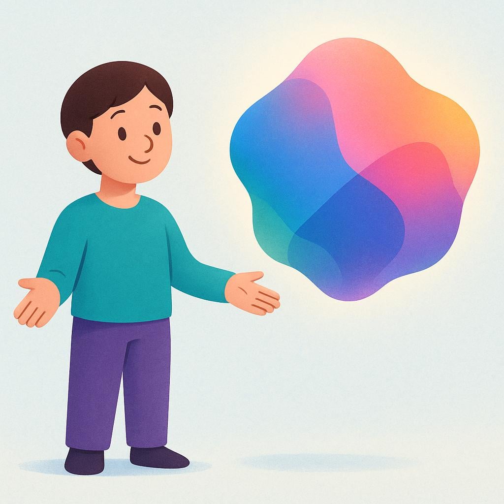 A friendly cartoon person stands with open arms and palms up, welcoming a large, unusual, colorful geometric shape floating in the air, symbolizing receptivity to new ideas.