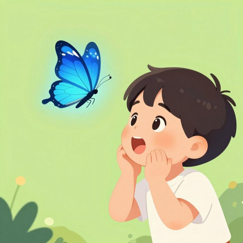 A wide-eyed child looking at a glowing, magical butterfly with wonder.