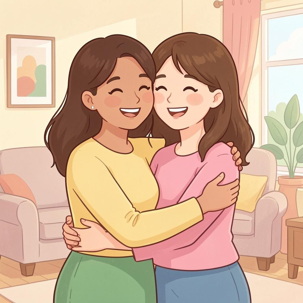 Two women smiling and hugging each other warmly to show a family bond.