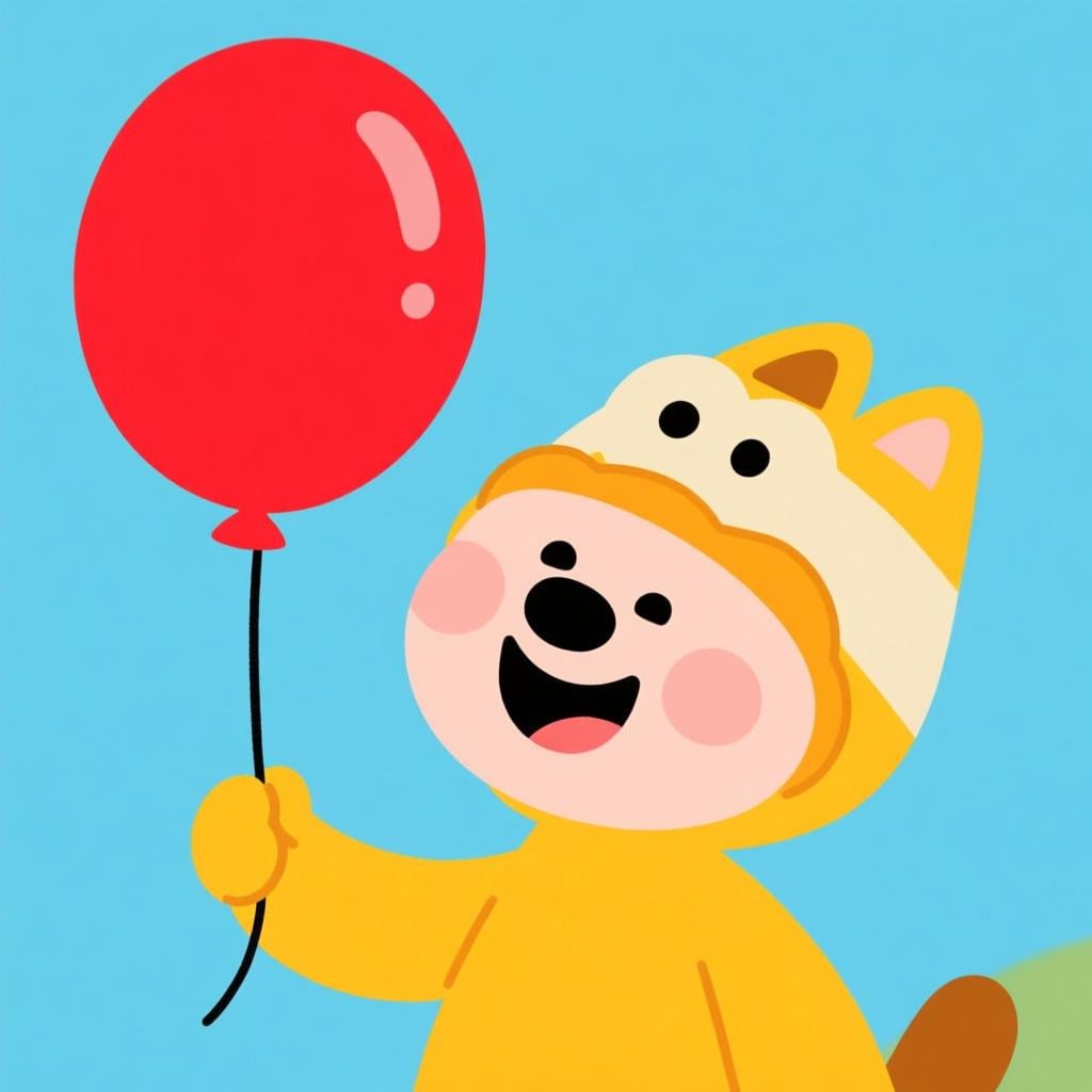 A smiling cartoon character holding a bright red balloon on a string, illustrating the simple act of having or possessing something in the past.